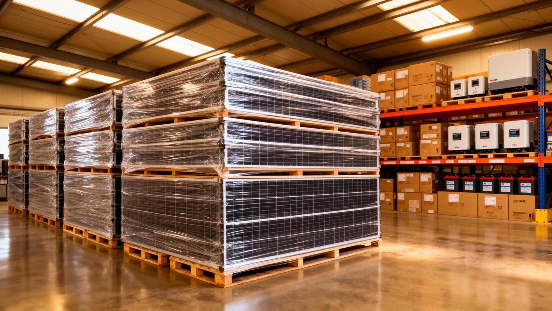 Depósito de equipamentos solares: módulos fotovoltaicos paletizados, inversores e baterias em estoque